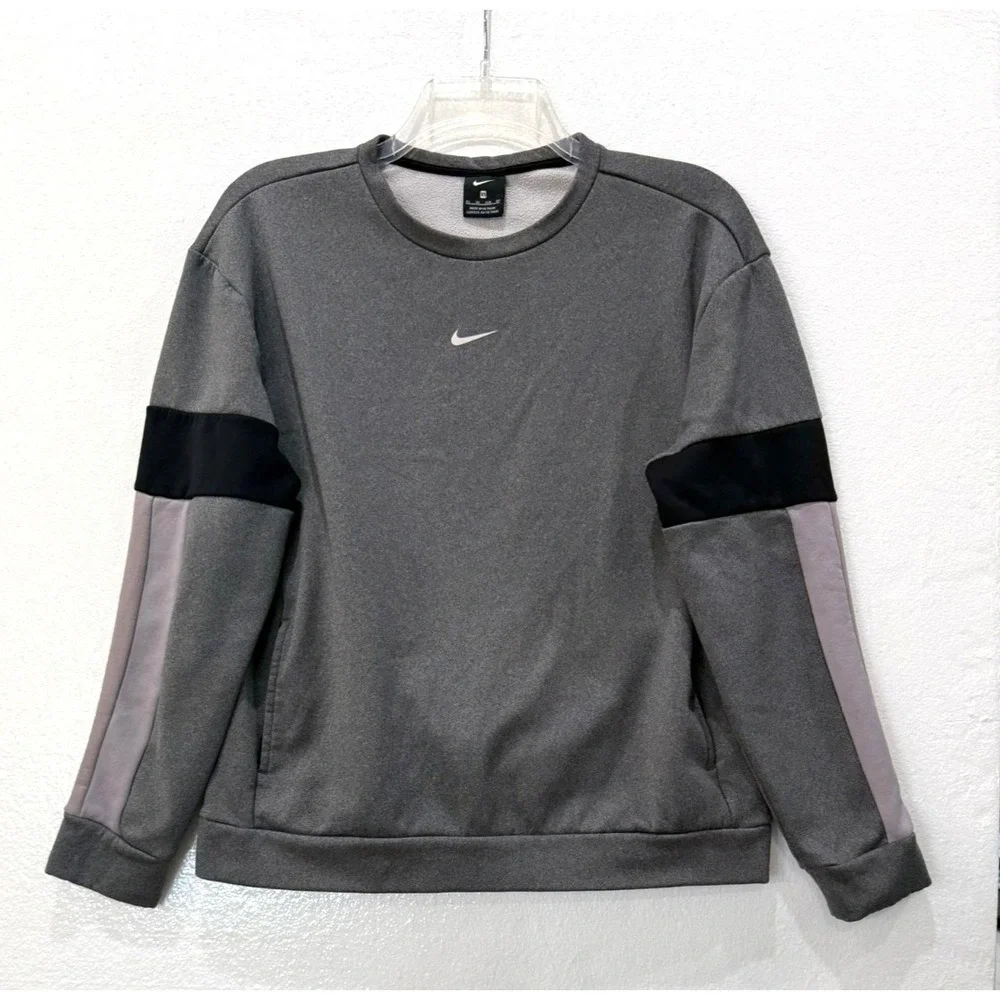 Women's Nike‎ Therma Size XS Crewneck Pullover Fleece Lined Pockets Grey Black